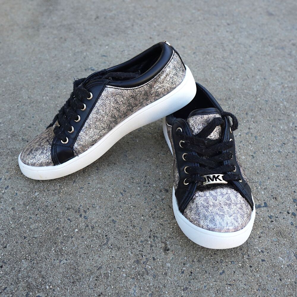 Michael Kors MK Glitter Low Top Sneakers Youth 1 Black Silver Logo Shoes